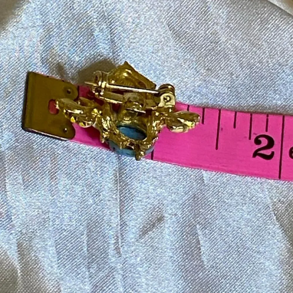 Vintage Blue Ladybug Fairy Garden Brooch Enamel Cottage Floral Gold Tone Pin
